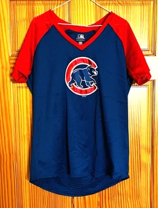 Chicago Cubs Women's Mesh T-Shirt | Blue w/ Red Sleeves | Shiny 'C' | Size Large - Picture 1 of 4