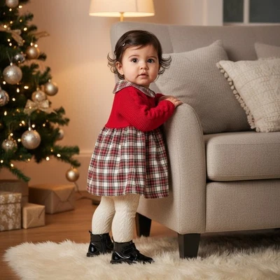 Baby Girl Dress Red Tartan Check Traditional Knitted Christmas - Image 1 of 3