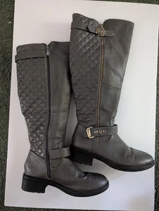 Sexy Traumpaar gesteppte Kniestiefel Größe 7,5 oliv Reißverschluss Schnalle stilvoll - Bild 1 von 3