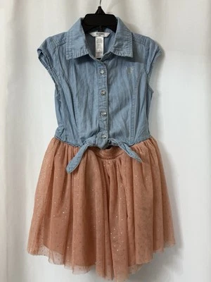 Denim Pink Guess Girls Dress Size 5 **small hole behind bow see photos A80 - Image 1 of 4