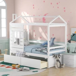 Twin Size House Bed Wood Frame with Twin Trundle or Two Drawers Kids White - Picture 1 of 11