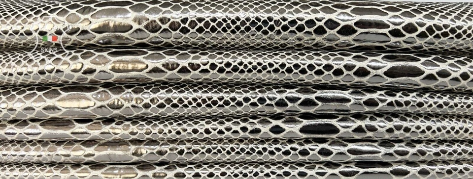 METALLIC PLATINUM SNAKE PRINT On Soft Lambskin Leather 3 skins 13sqf 1.0mm B7983 - Image 1 of 4