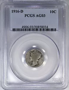 1916-D 10C PCGS AG03 MERCURY DIME ~ SMOOTH PROBLEM-FREE KEY DATE! - Picture 1 of 5