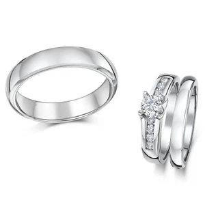 Cobalt Solitaire Engagement Ring& His & Hers 3&5mm Wedding Rings - Picture 1 of 4