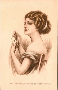 KÜNSTLER ILLUSTRATION VON FRAUEN SPIELKARTEN - SCHÖNE ALTE POSTKARTE - Bild 1 von 2