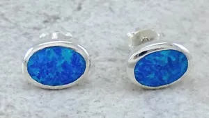 PRETTY 925 STERLING SILVER BLUE OPAL OVAL STUD EARRINGS style# e1254 - Picture 1 of 3