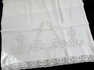 Vintage Linen Pillowcase with Hand Made Drawnwork Motif  UU863 - Picture 1 of 6