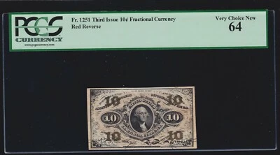 US 10c Fractional Currency Note Red Back FR 1251 PCGS 64 V Ch CU - Image 1 of 2
