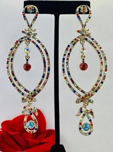 Pageant Prom Multi Color Crystal Dangle Pierced Earrings Antique Gold Tone 5" L - Picture 1 of 7