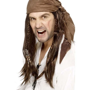 Brown Long Caribbean Pirate Wig + Bandana Adult Fancy Dress - Picture 1 of 2