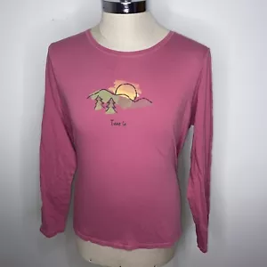 Life is Good Womens Long Sleeve Shirt Sz L Pink Mountains Tune In Crew Neck - Foto 1 di 5