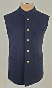  Men's Brown/Blue Wool Blend Nehru Jacket Indian Waistcoat Grandad Collar Gilet