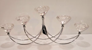 Minimalistic Candelabra 5 Tealights Metal Stand Faceted Glass Holders 17” x 7” - Picture 1 of 13