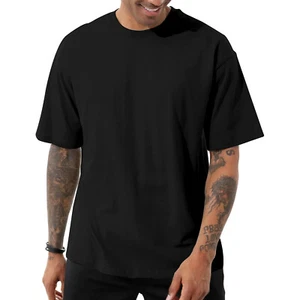 Men's Heavy Cotton Plain Crew Neck Short Sleeves T-Shirt Casual Black M-XL Hot - Picture 1 of 34