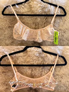 NWT Sam Edelman Small Silver Pink Peony Floral Lace Sissy Ruffle Bralette Bra S - Picture 1 of 7