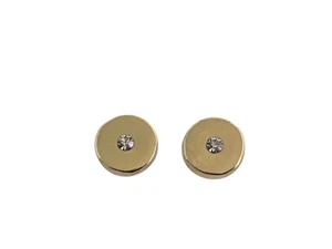 Tiny Shiny Gold Tone Textured Button Disk Stud Post Earrings w/ Rhinestone - Picture 1 of 4