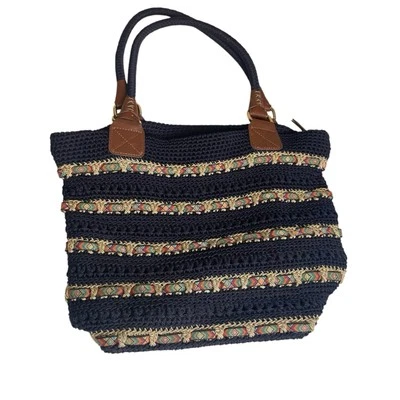 The Sak Cambria 钩针编织大号双肩带拉链上衣托特包海军蓝编织丝带二手状况完好 — 第 1/4 张图片