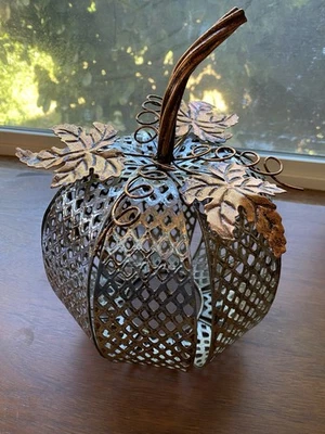 Autumn Metal Pumpkin Shaped Candle Cover Fall Halloween Copper Color Votive - Image 1 of 4