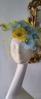Casque Couture Renaissance Blue Yellow  Floral Hat Fascinator Made In England  - Image 1 of 4