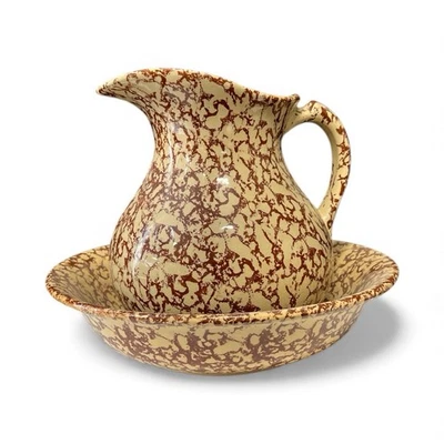 Robinson Ransbottom Red Brown Spongeware Pitcher & Bowl/Basin Set Roseville Ohio - Image 1 of 4