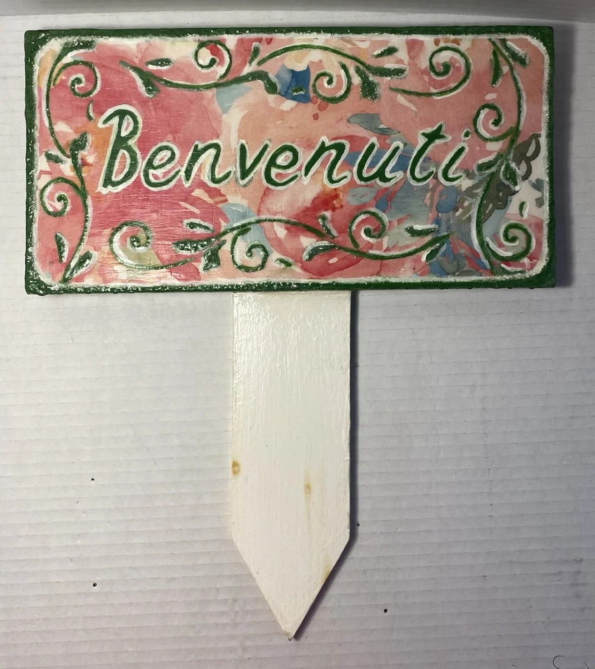 Letrero de jardín/patio de bienvenida con estaca en italiano, letrero de jardín/patio Benvenuti con estaca Foto 1 de 4