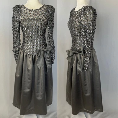 Vintage Cachet Bari Protas Formal Dress Size XS Gray Sequin Bow Puffy Prom 80s - Image 1 of 4