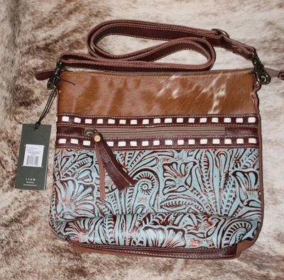 Myra Bag #5218 Emboss Leather, Hairon, Canvas 12"x2.5"x11" Crossbody Bag~Pockets - Image 1 of 3