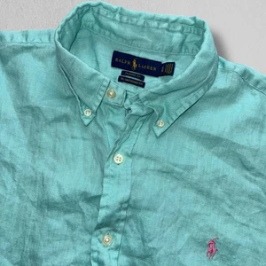 Ralph Lauren Shirt Men XL Aqua Blue Linen Button Up Classic RL Untucked Fit - Picture 1 of 7