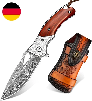 Nedfoss HERON Damast Taschenmesser, Klappmesser Mit Gelbem Sandelholzgriff Mit S