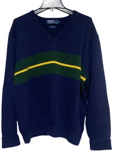 Vintage Ralph Lauren Polo Sweater XL Knit Striped Navy Green Prepster Core  - Picture 1 of 7