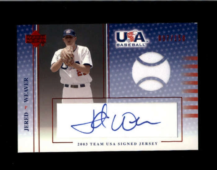 Jersey rojo de béisbol Jered Weaver 2003 equipo de cubierta superior de Estados Unidos automático #097/150 BD2919 Foto 1 de 1