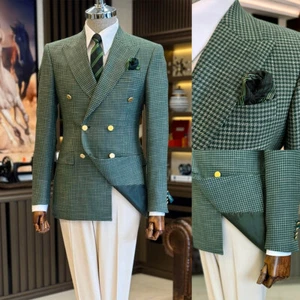 Green Men's Houndstooth Jacket Coat Double Breasted Coat Wide Lapel Groom Suits - Picture 1 of 10