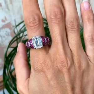 6ct Lab Created Emerald Cut Ruby & Diamond Engagement Ring 14k White Gold Plated - Picture 1 of 5
