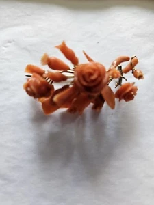 Antique Coral Hand Carved Flower & Leaf Brooch Pin -Italian Estate Piece - Picture 1 of 4