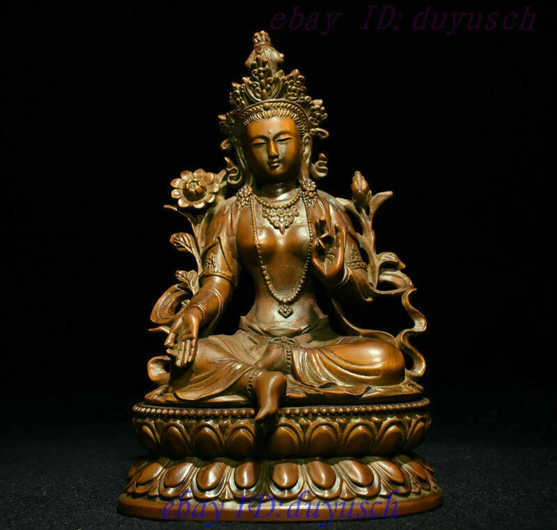 Antiguo Tíbet Budismo Madera de Boj Tallada Verde Tara Diosa GuanYin Buda Estatua Foto 1 de 4