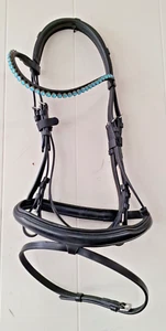 NEW English Leather Turquoise CRYSTAL BRIDLE SNAFFLE BRIDLE full Black (683-19) - Picture 1 of 3