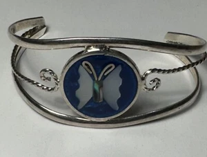 Artisan Alpaca Mexico Abalone Butterfly Inlay Cuff Vintage Bracelet - Bild 1 von 4
