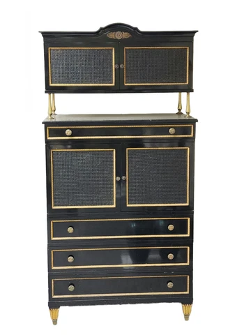 RARE CHIC 40's GROSFELD HOUSE  BLACK LACQUERED CABINET w/ CANE WORK & BRASS Cover
