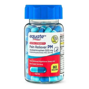"Equate Pain Reliever PM Gelcaps  Extra Strength 500mg/25mg, 80 Count, Nighttime - Picture 1 of 9