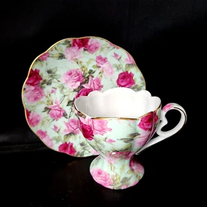 Victoria's Garden Lowell MA Tea Room Floral Roses Green Cup & Saucer Gold Trim - Picture 1 of 15