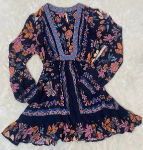 Free People Violet Hill Mini Peasant Dress Sz 6 Navy Mauve Floral Boho Festival - Picture 1 of 17