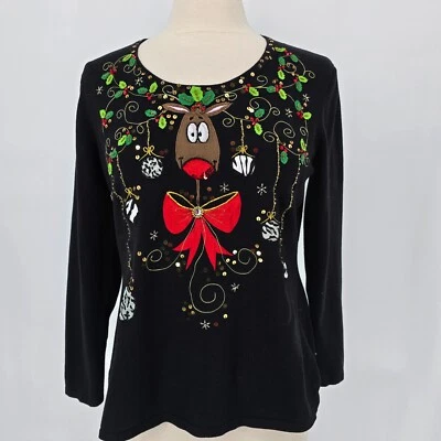 Berek Christmas Reindeer Decorative Sequined Bedazzled Sweater Womens Size L - Imagem 1 de 4