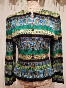 Talbots Silk 100% Blouse Sze 10 Long Sleeve Multicolor Flowers Geometric Striped - Picture 1 of 11