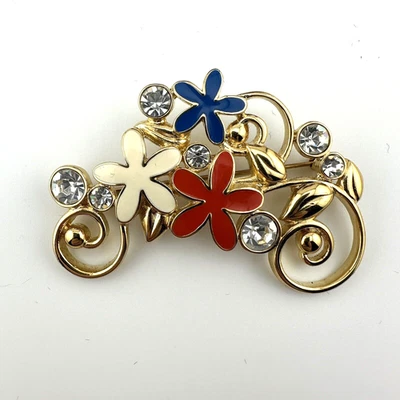 Monet Signed Pin Brooch Red White Blue Daisy with Rinestones Floral Pattern - Image 1 of 4