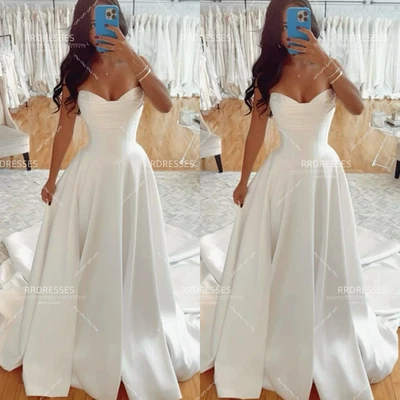 Vestidos de novia con hombros descubiertos blancos marfil sencillos satén tren de barrido vestidos de novia Foto 1 de 4