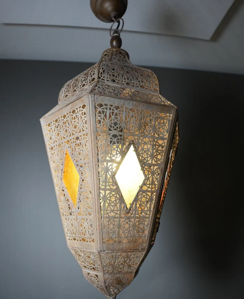 Antique Islamic Moorish Metal Handmade Pierced Filigree Lantern Pendant Lamp - Image 1 of 4