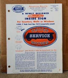 VTG 1947 United Motors Service 2' Single Faced Sign A-1050 Brochure Bulletin - Picture 1 of 1
