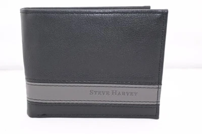 Cartera Steve Harvey para hombre doble pliegue, negra con tira gris Foto 1 de 4