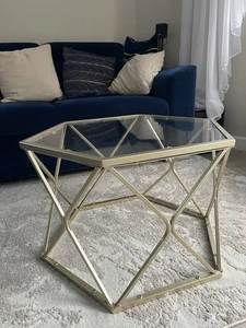 Hexagon Glass Coffee Table for Living Room with Golden Metal Frame Glass Top - Picture 1 of 2