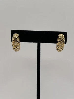 Swarovski Swan Signed Pierced Earrings Black Enamel Clear Crystal Half Hoop - Image 1 of 4